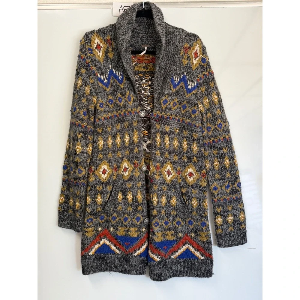 Free People Tiger Intarsia Wool Blend Long Cardigan Grey Southwestern Boho M